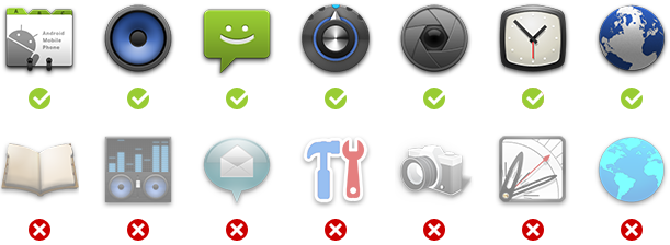 Side-by-side examplesof good/bad icon design.